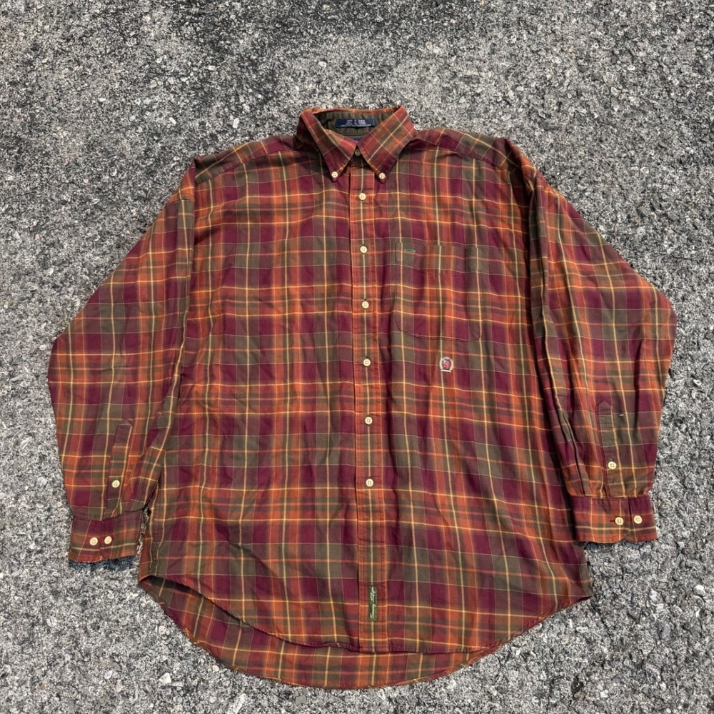 Vintage Tommy Hilfiger Mens Plaid Button Down Shirt Large Burgundy Olive Green